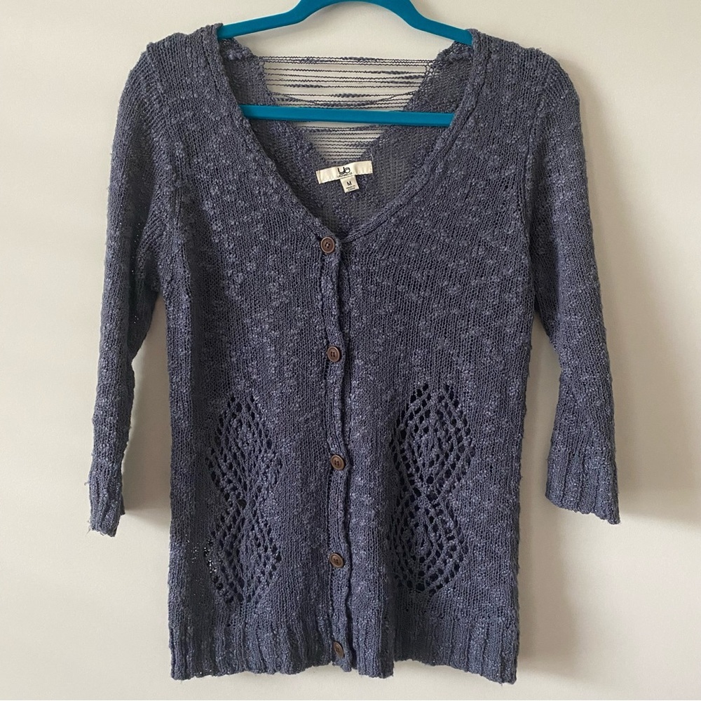 Ya Los Angeles 3/4 Sleeve Button Up V neck Open Crochet Sweater Cardigan size M